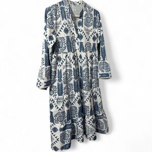 Blue & White Boho Floral Midi Dress – Size L – Like New 🌊